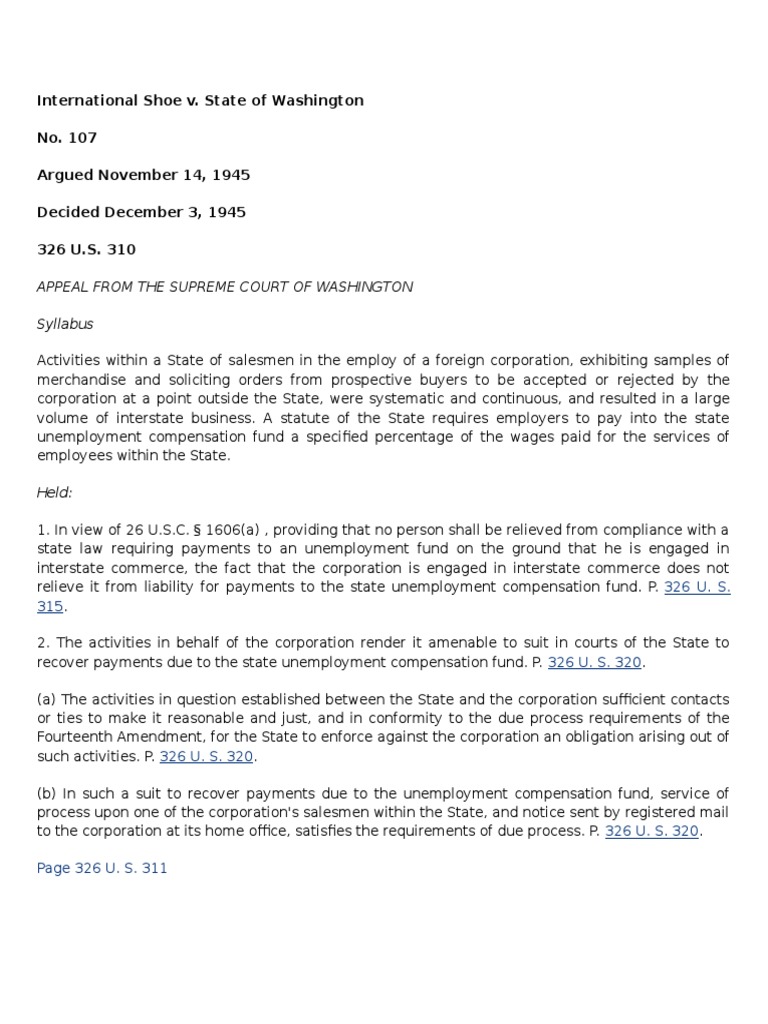 International Shoe v. State of Washington Establishes Minimum Contacts
