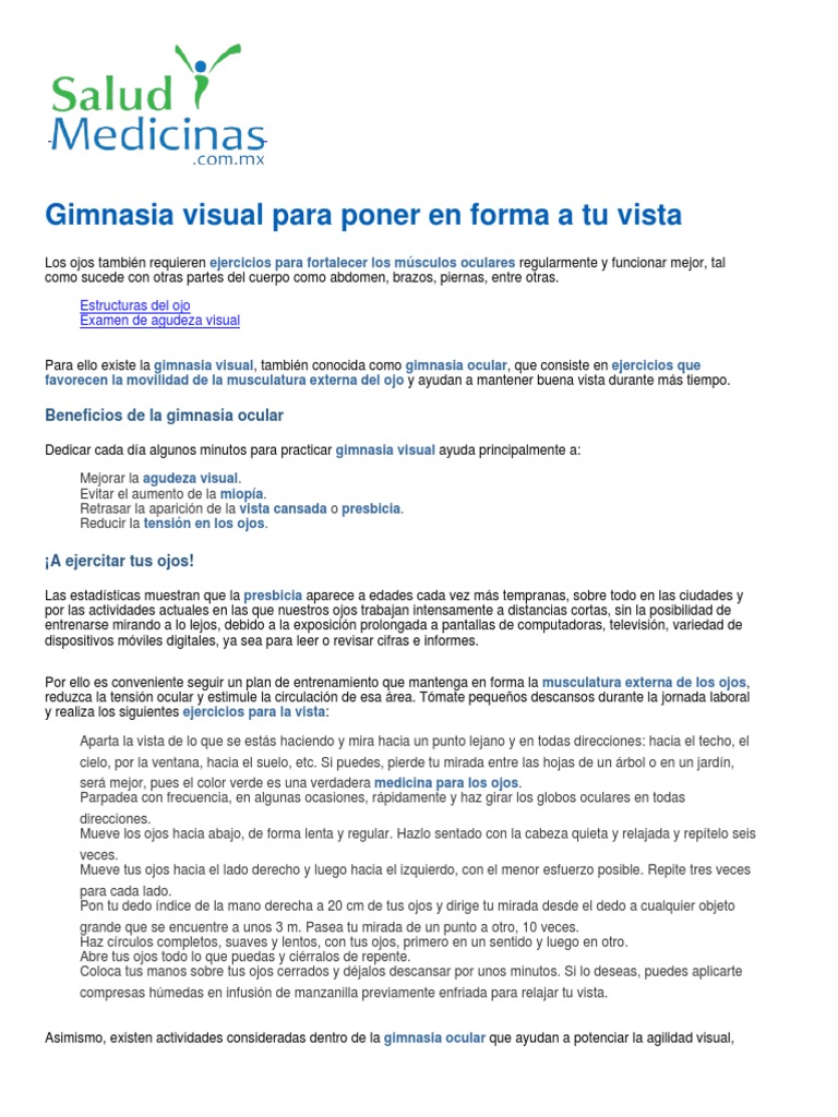 Ejercicios de gimnasia visual para ojos | PDF | Percepción visual | Ojo ...
