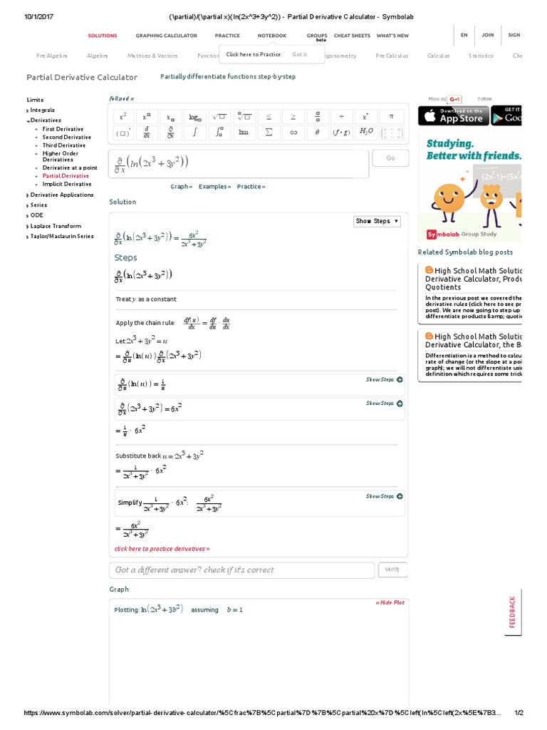 (_partial)_(_partial x)(ln(2x^3+3y^2)) Partial Derivative Calculator
