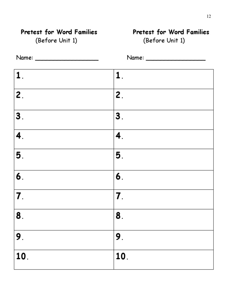 Pretest for Word Families Assessment | PDF | Language Arts & Discipline
