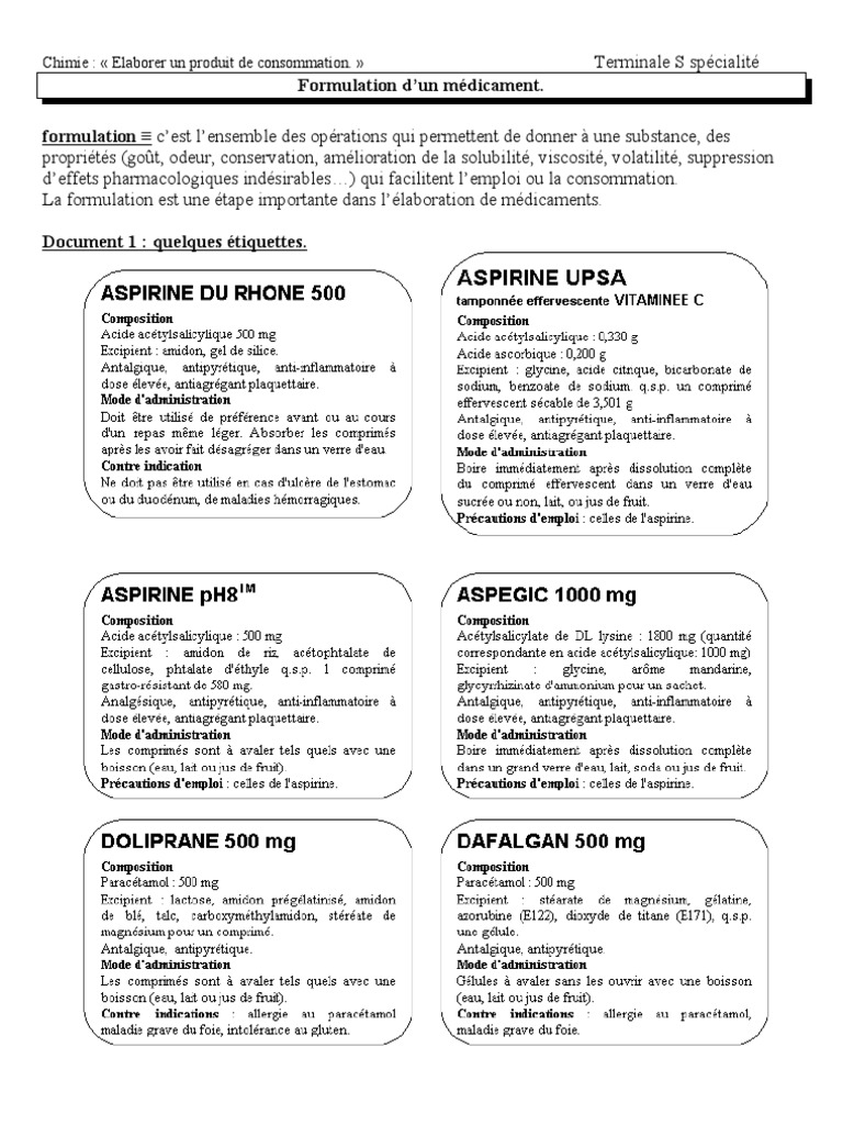 Formulation de LAspirine Pour Les TS Sp Aspirine Substances chimiques