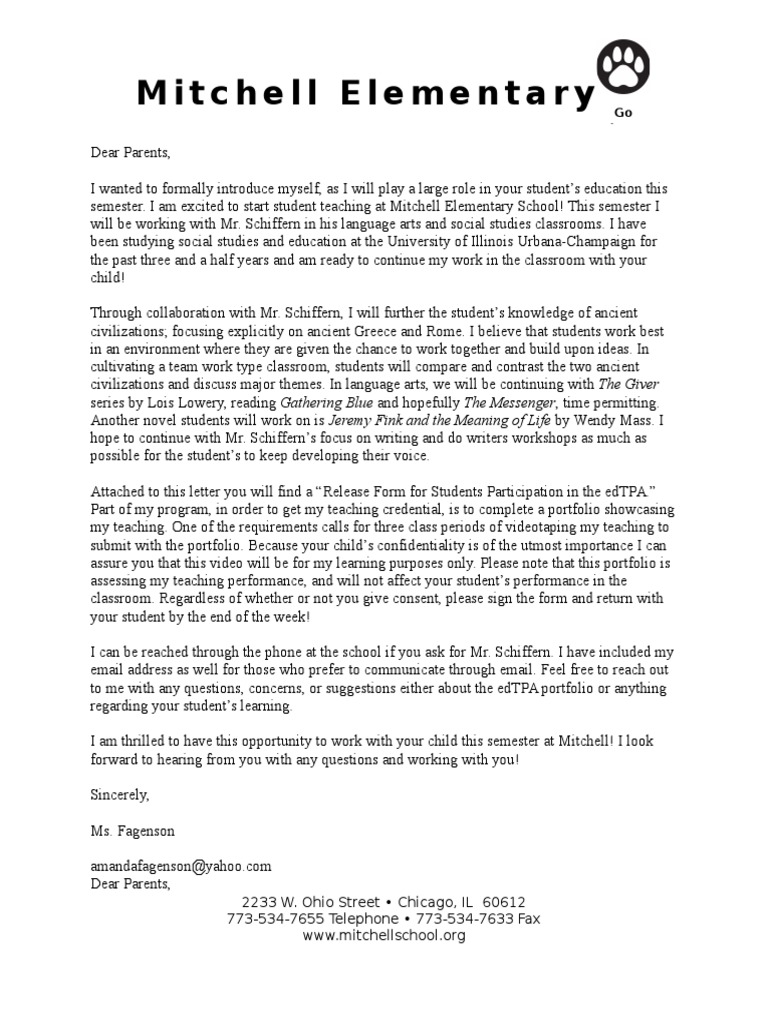 Student Teacher Letter To Students and Parents | PDF | Classroom ...