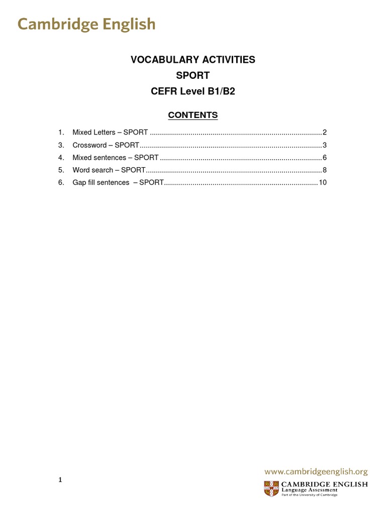 Sport Vocabulary Activities Document PDF | PDF | Sports | Recreation