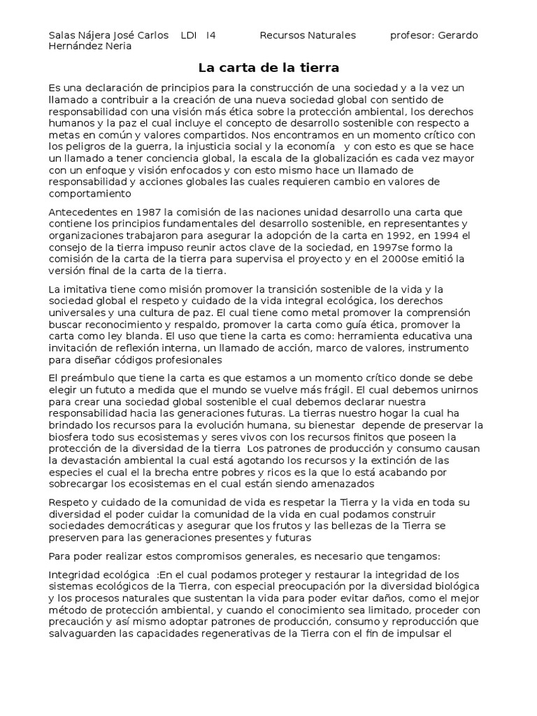 La Carta de La Tierra PDF Desarrollo sostenible Biodiversidad