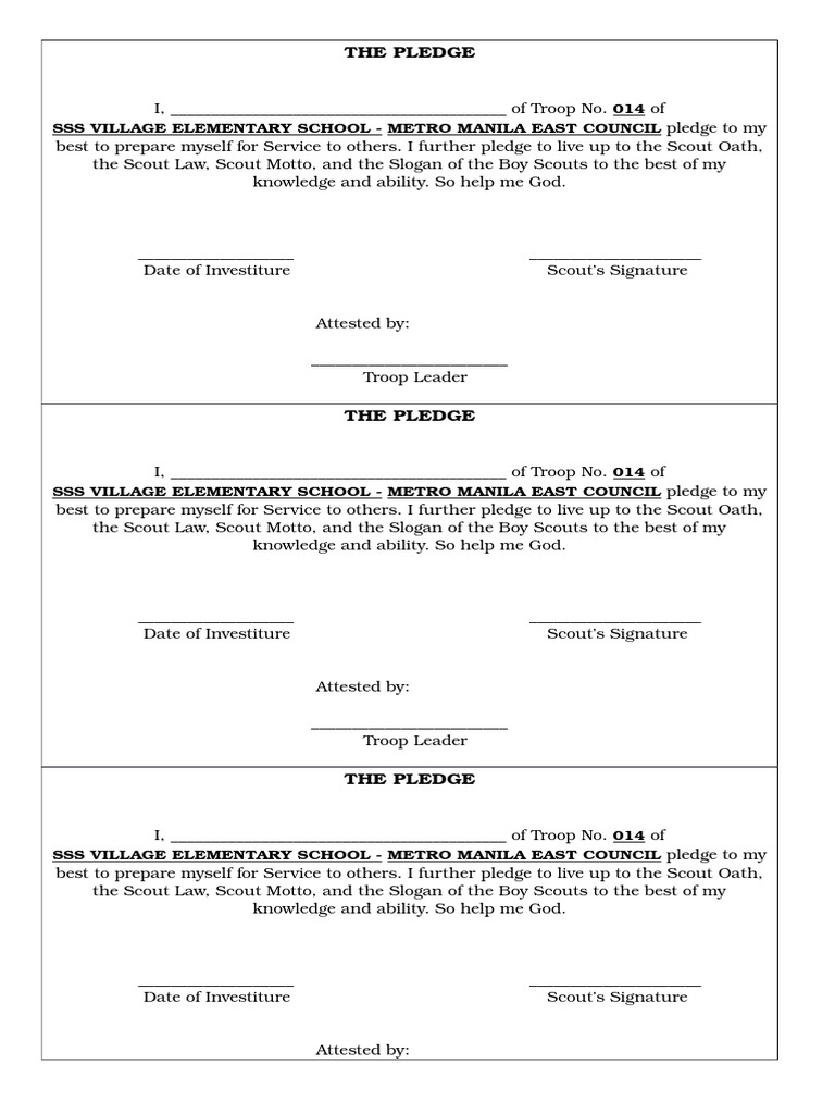 BSP Scout Pledge for Troop 014 | PDF | Business | Self-Improvement