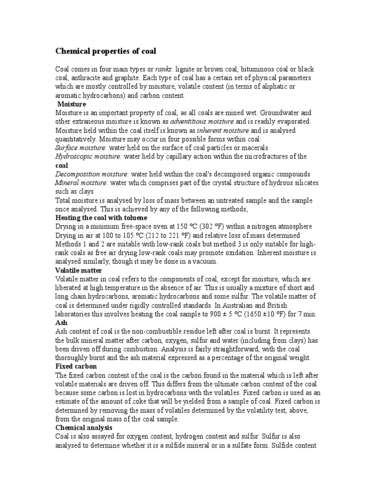 Chemical Properties of Coal PDF Coal Nature