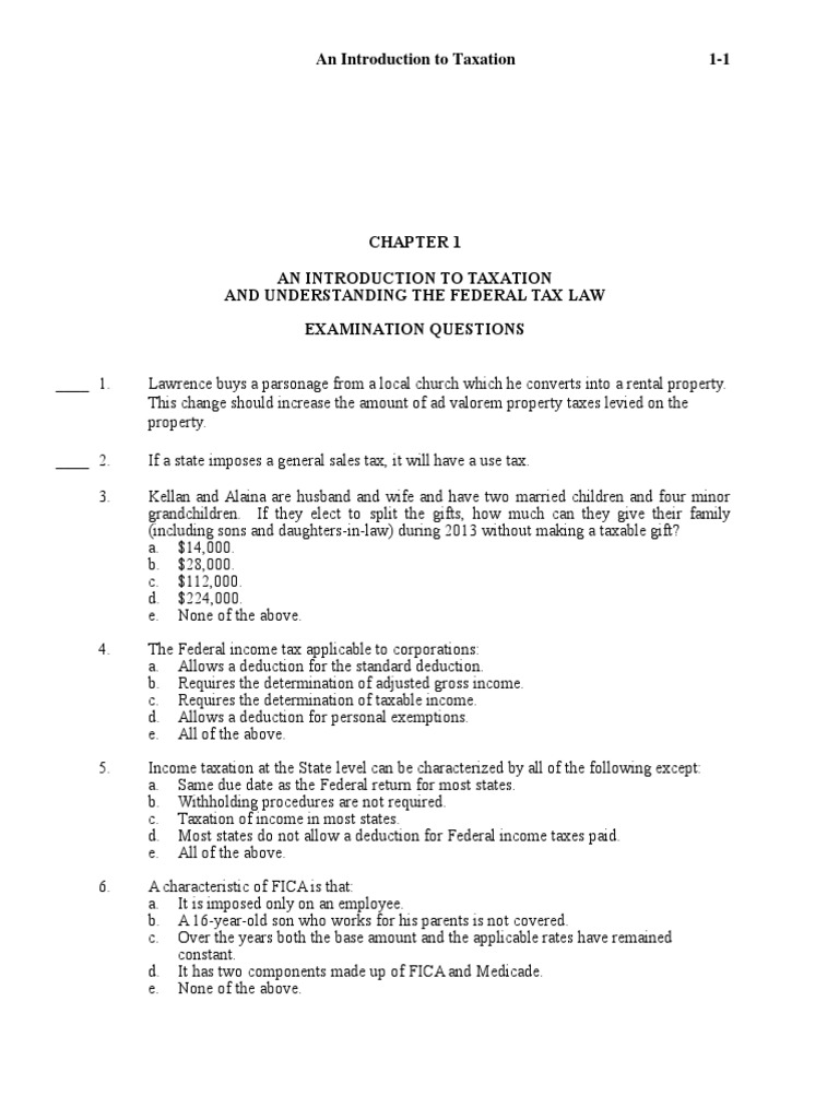 Vol 1 Ch01 Tax Test Questions Taxation In The United States