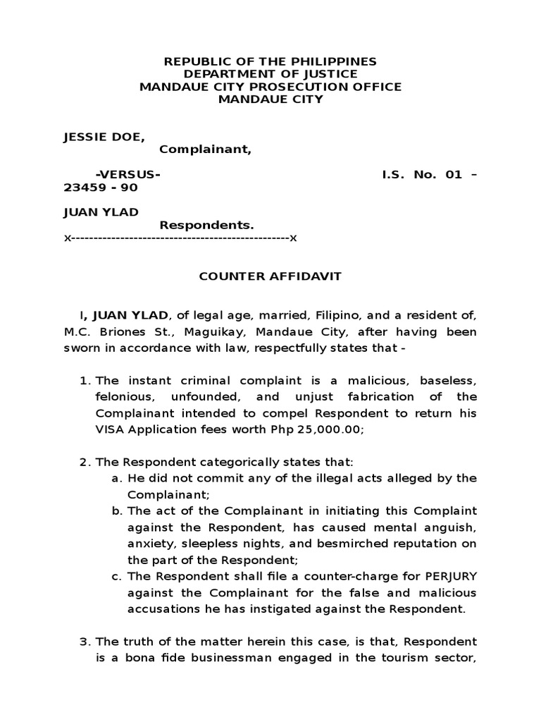 COunter Affidavit Estafa Fraud Travel Visa