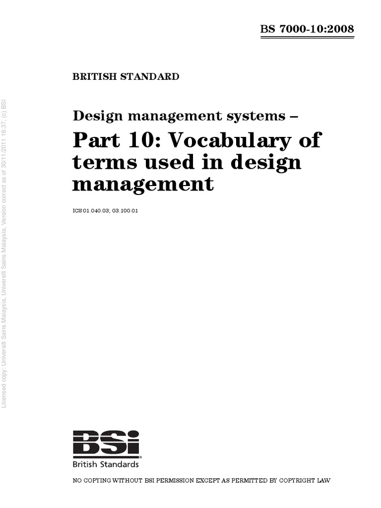 BS 700010 2008 Design Management Systems. Vocabulary of Terms Used in Design Management PDF