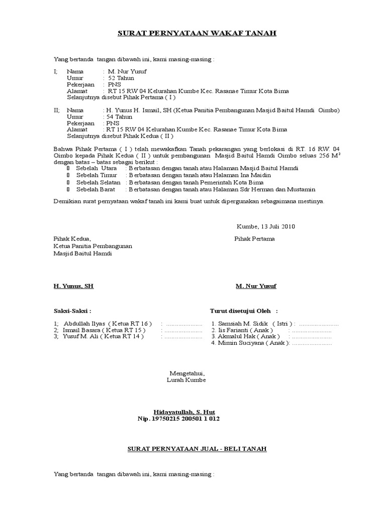 Contoh Surat Pernyataan Ahli Waris Untuk Wakaf