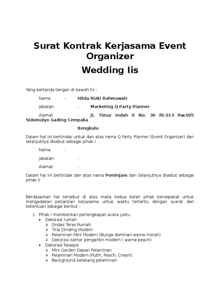 Surat Kontrak Kerjasama Event Anizer