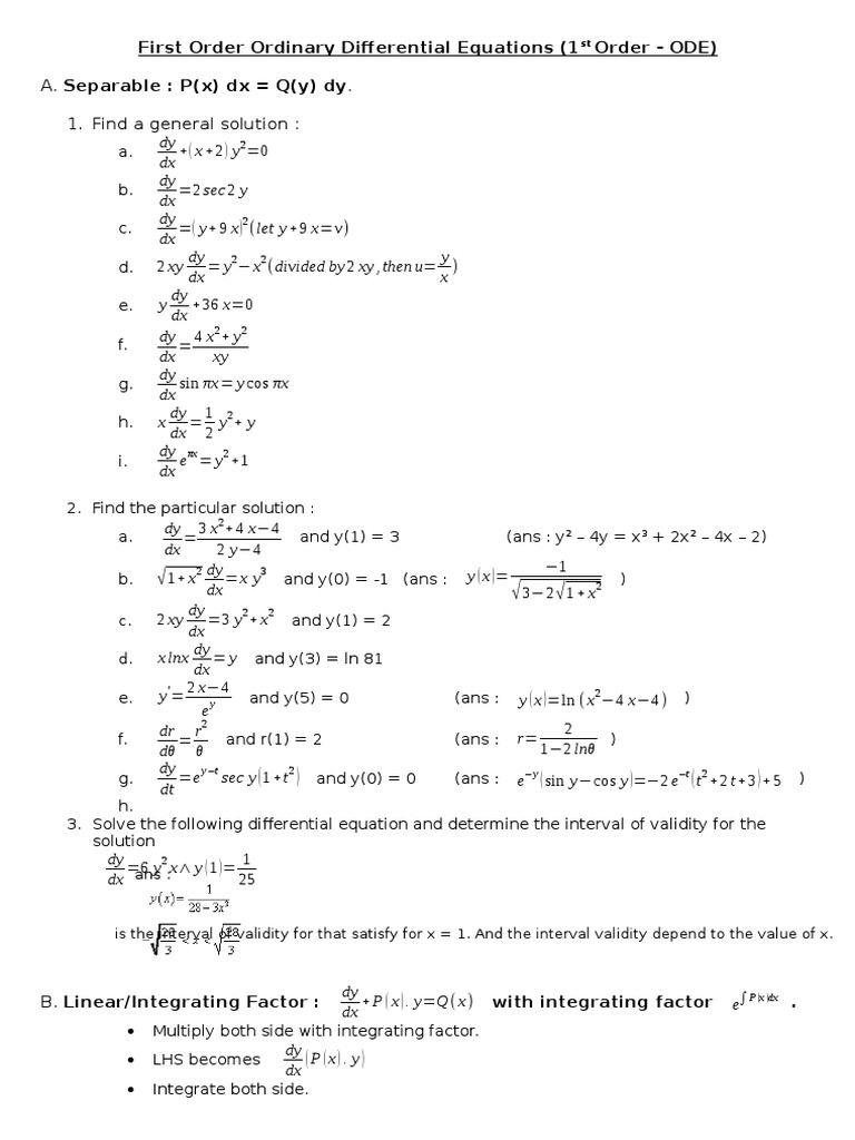 First Order Ordinary Differential Equations (1 Order - ODE) | PDF ...