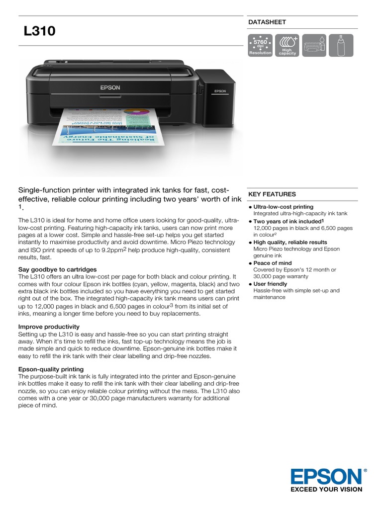 Epson L310 A4 Colour Single Function Ink Tank System Printer Printer