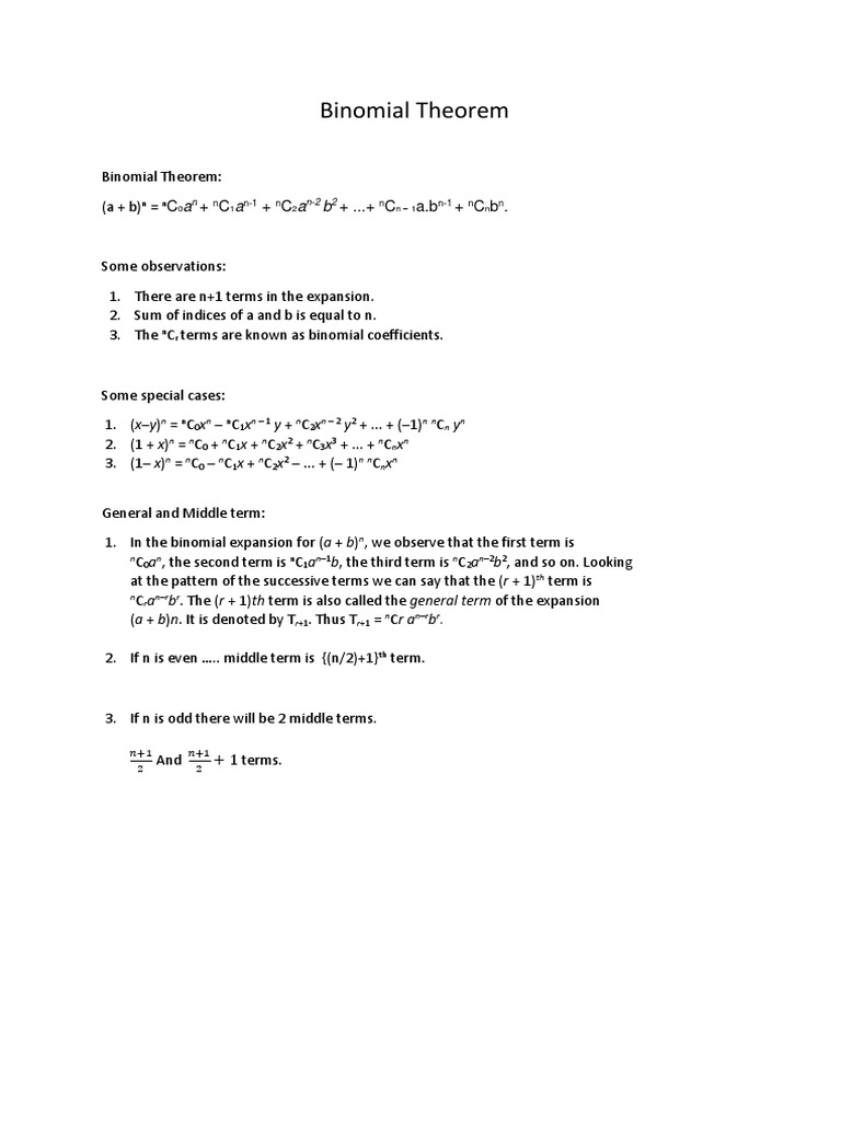 Binomial Theorem Overview and Formulas | PDF | Teaching Methods & Materials