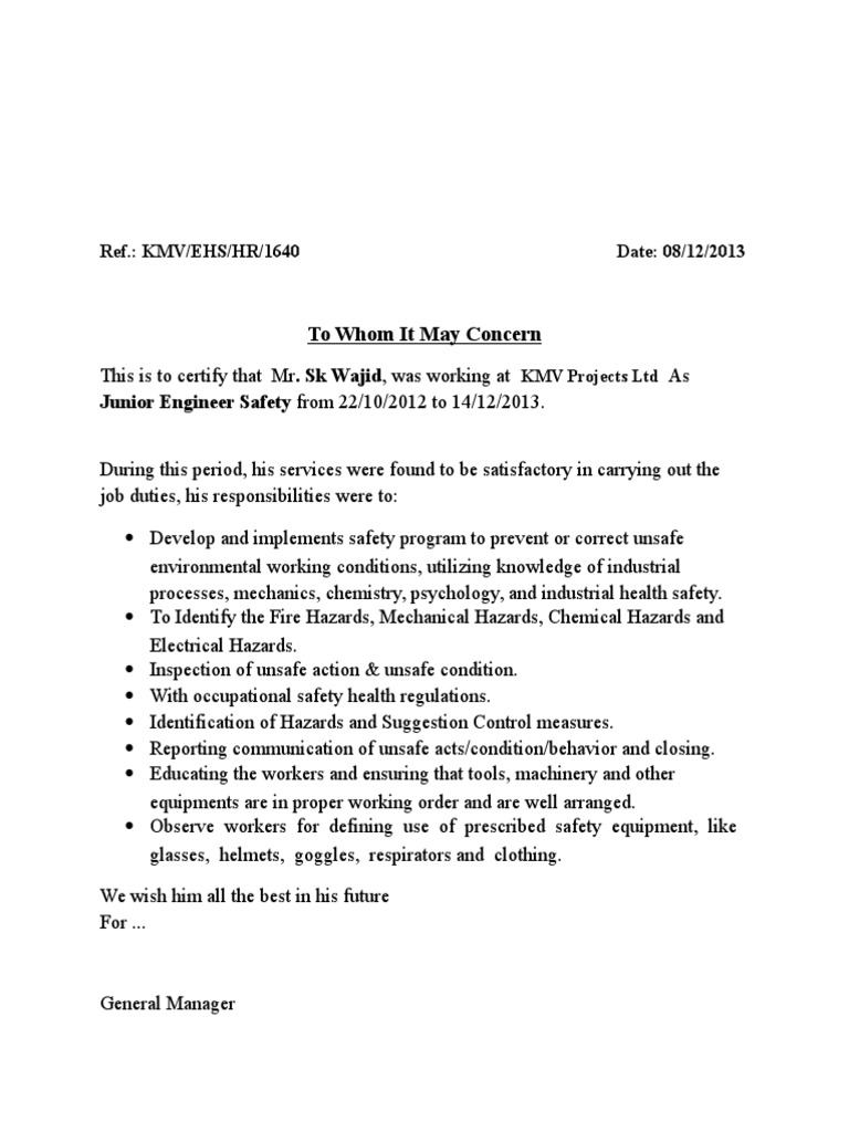 Safety Engineer To Whom It May Concer Experiance Certificate PDF