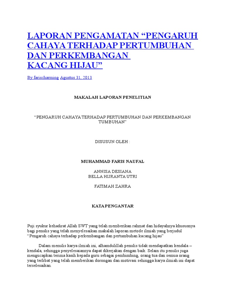 Contoh Laporan Pengamatan Tumbuhan Kacang Hijau Kumpulan