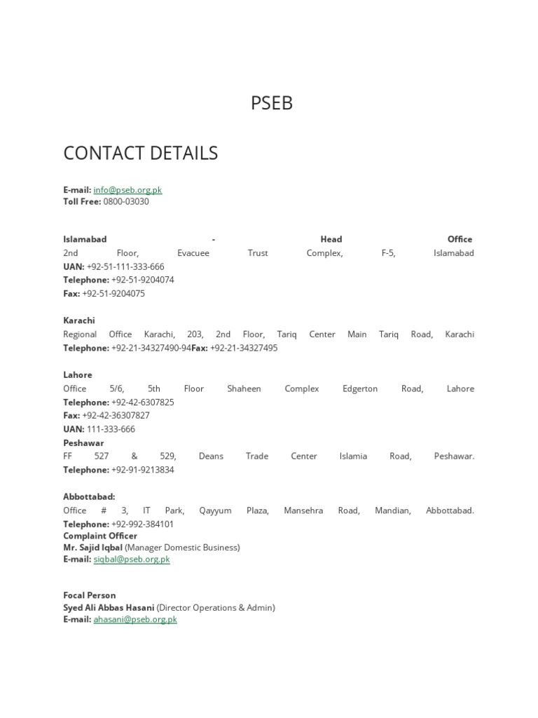 Pseb Contact Details: E Mail: Toll Free: 0800 03030 PDF