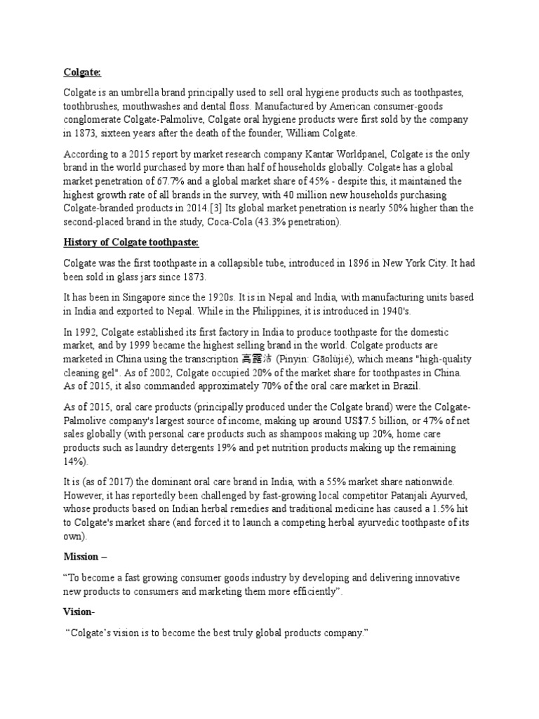 History of Colgate Toothpaste PDF Business Marketing