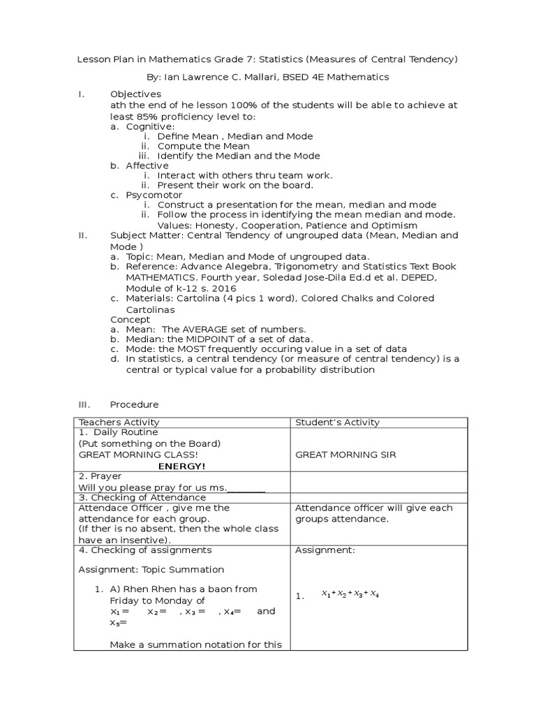 Grade 7 Math Lesson: Central Tendency | PDF | Mode (Statistics ...