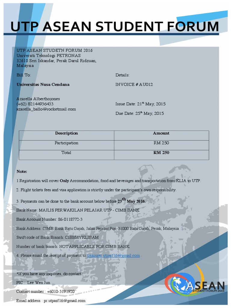 UTP ASEAN Student Forum Invoice 2016 | PDF