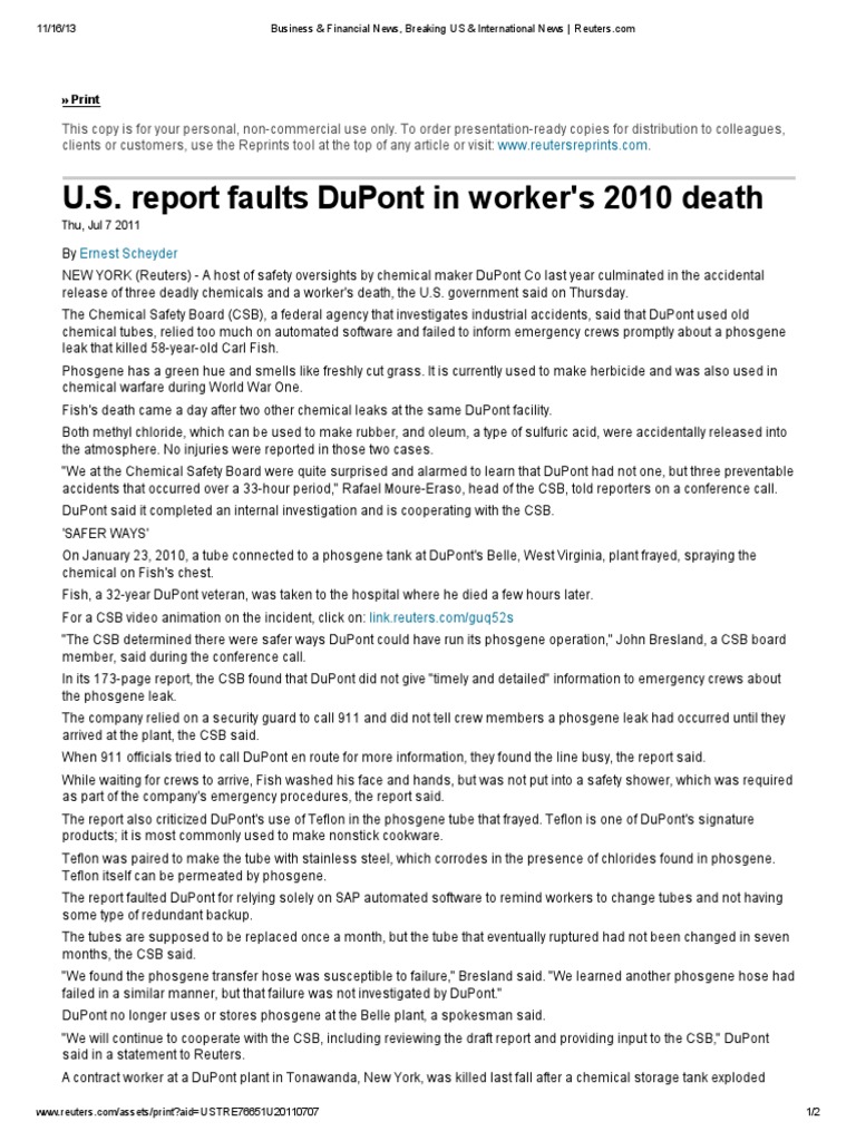 U.S. Report Faults Dupont in Worker'S 2010 Death | PDF | Reuters | Du Pont