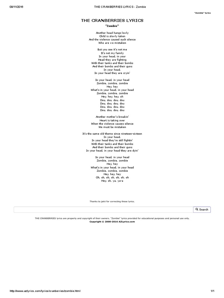 The Cranberries Ode To My Family Paroles The Cranberries Lyrics - Zombie | PDF
