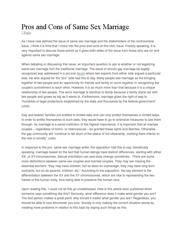 Pros and Cons of Same-Sex Marriage | PDF | Same Sex Marriage | Civil Union