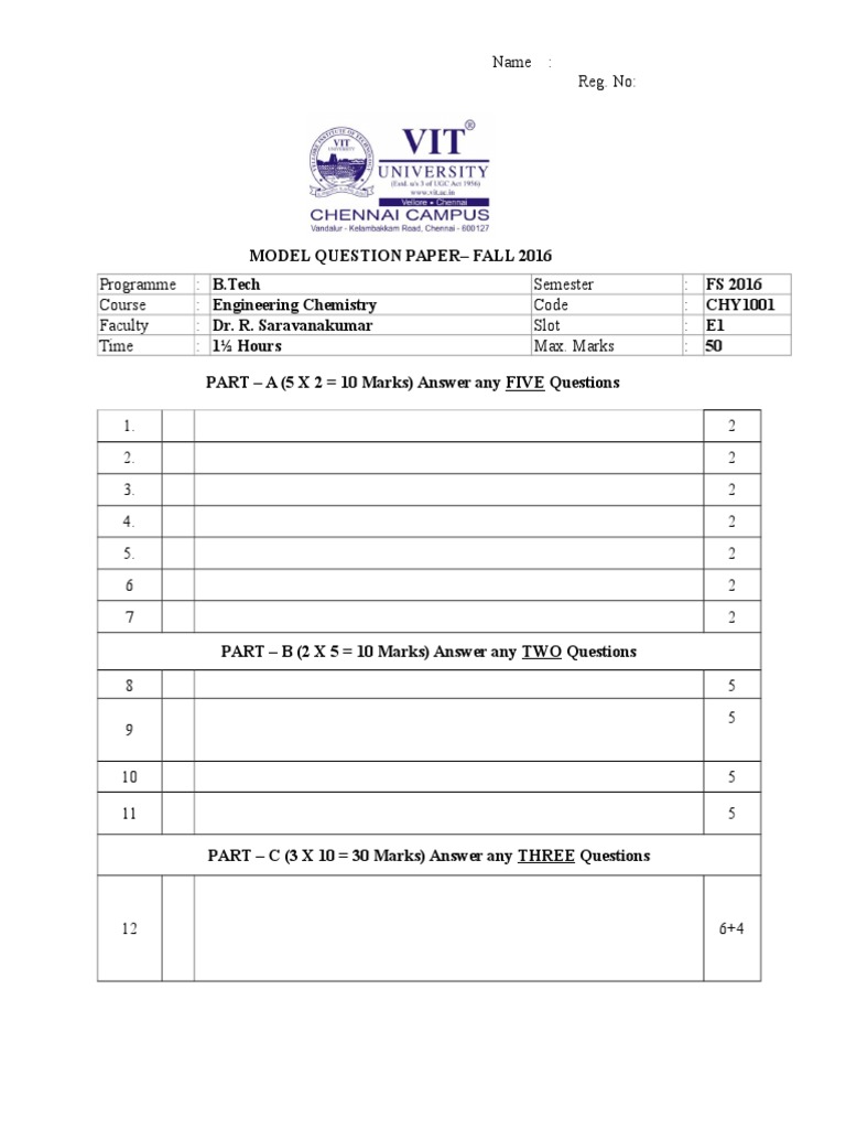 B.Tech Engineering Chemistry Exam Paper | PDF