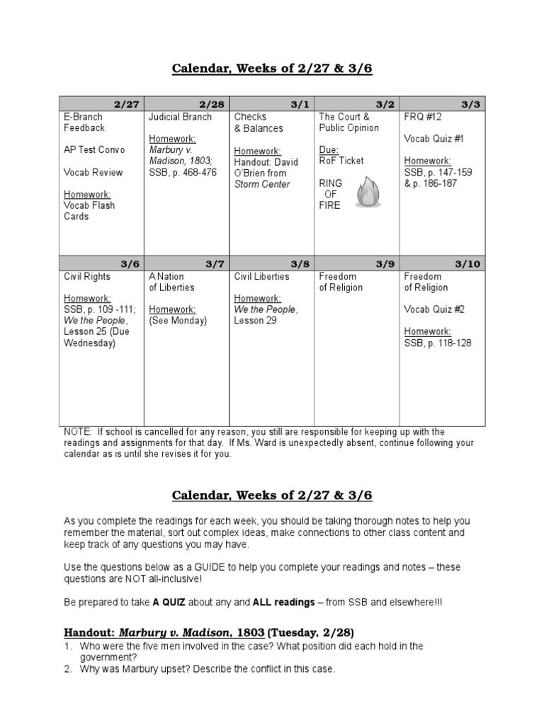 AP Government Calendar: 2/27 - 3/10 | PDF | Fourteenth Amendment To The ...