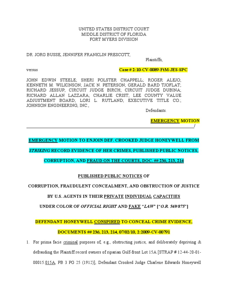 Emergency Motion To Enjoin Corrupt Judge Honeywell From Striking Record ...