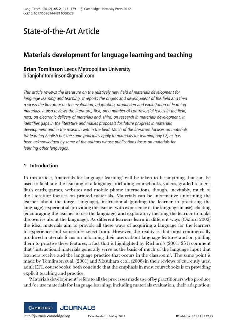 Materials Development for Language Learning Brian Tomlinson Expert