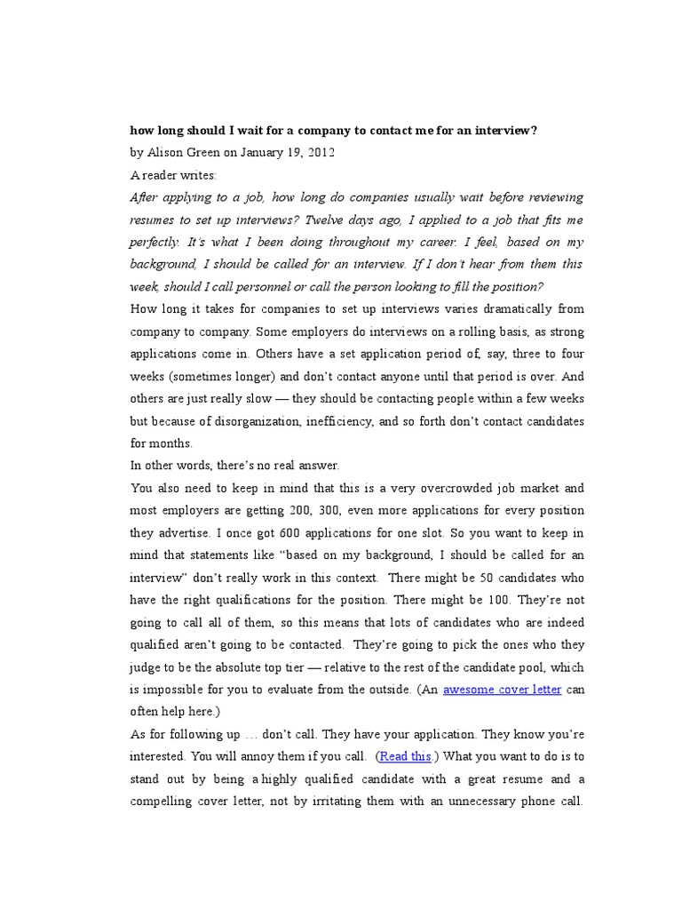 How Long Should I Wait For A Company To Contact Me For An Interview? PDF Job Interview