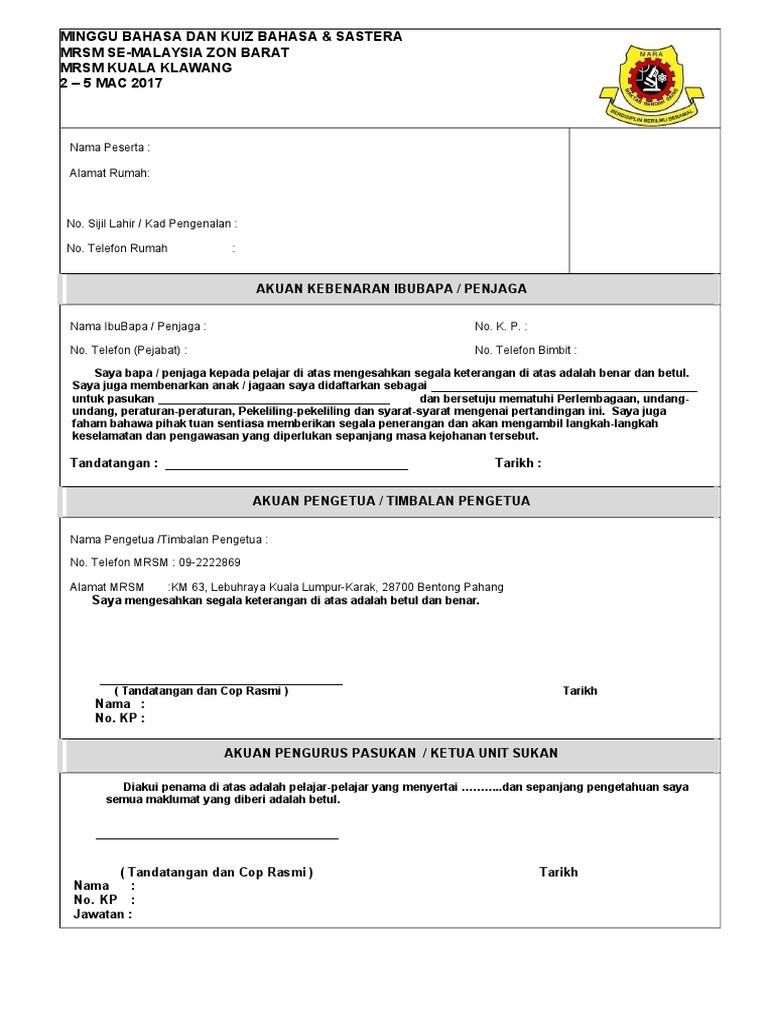 Borang Kebenaran Ibubapa Kokurikulum 1 Pdf