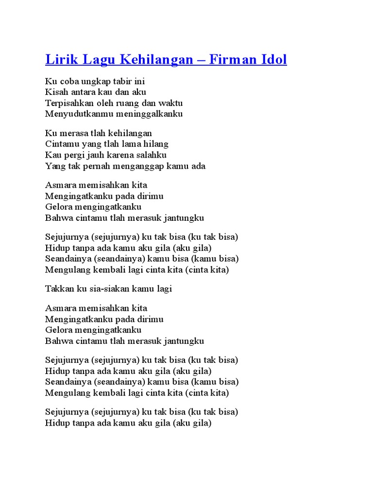 Lirik Lagu Kehilangan PDF
