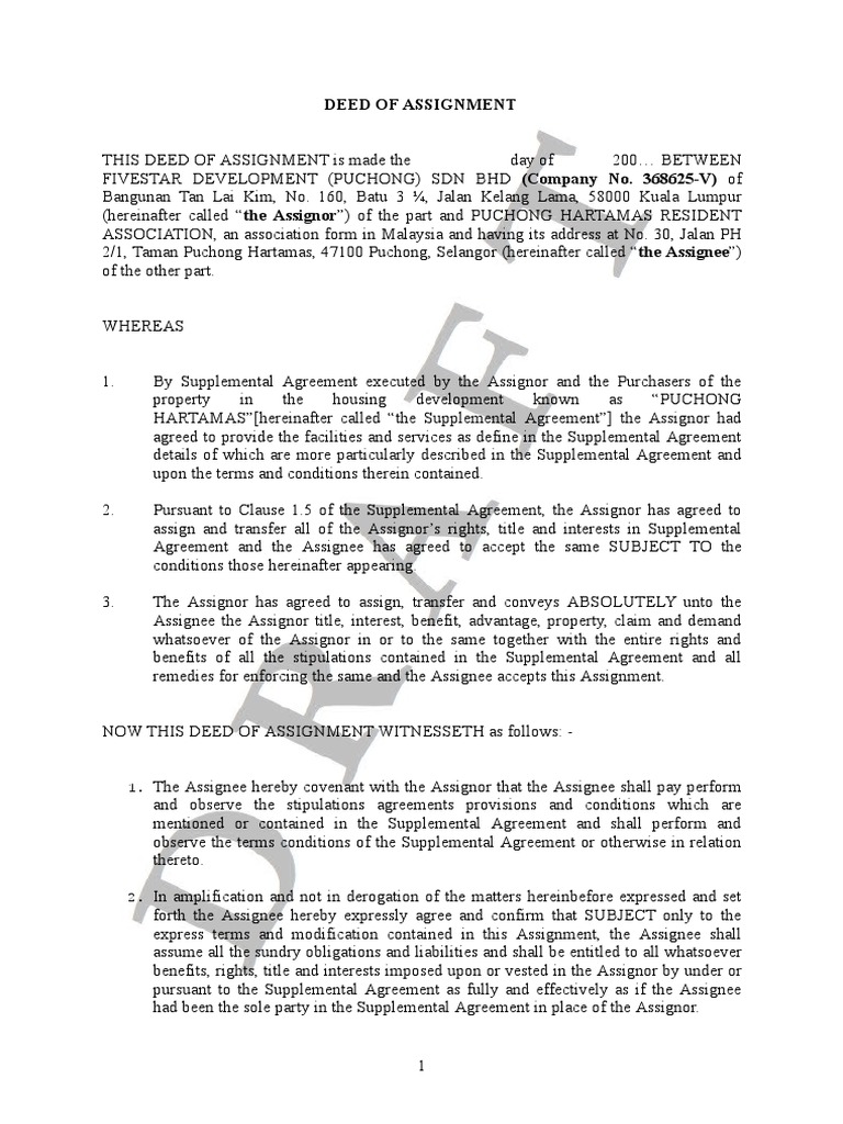 plc deed of assignment of arrears
