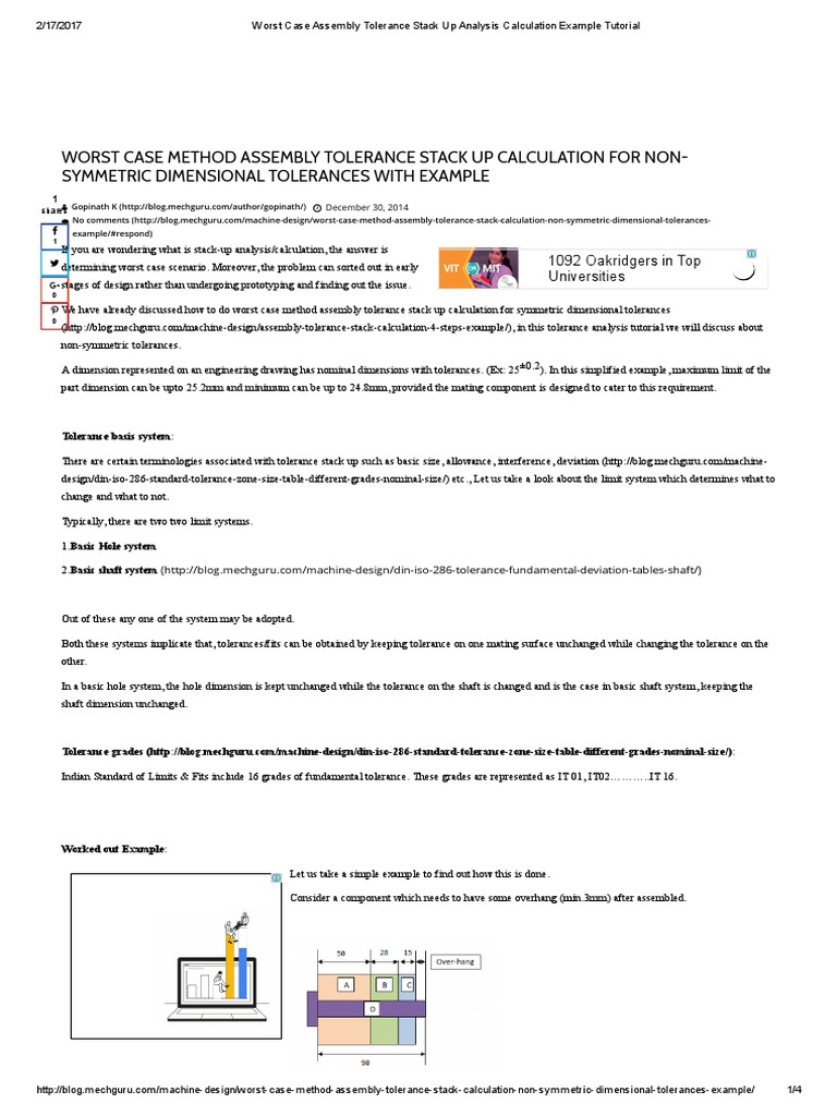 Worst Case Assembly Tolerance Stack Up Analysis Calculation Example Tutorial Engineering Tolerance Applied And Interdisciplinary Physics
