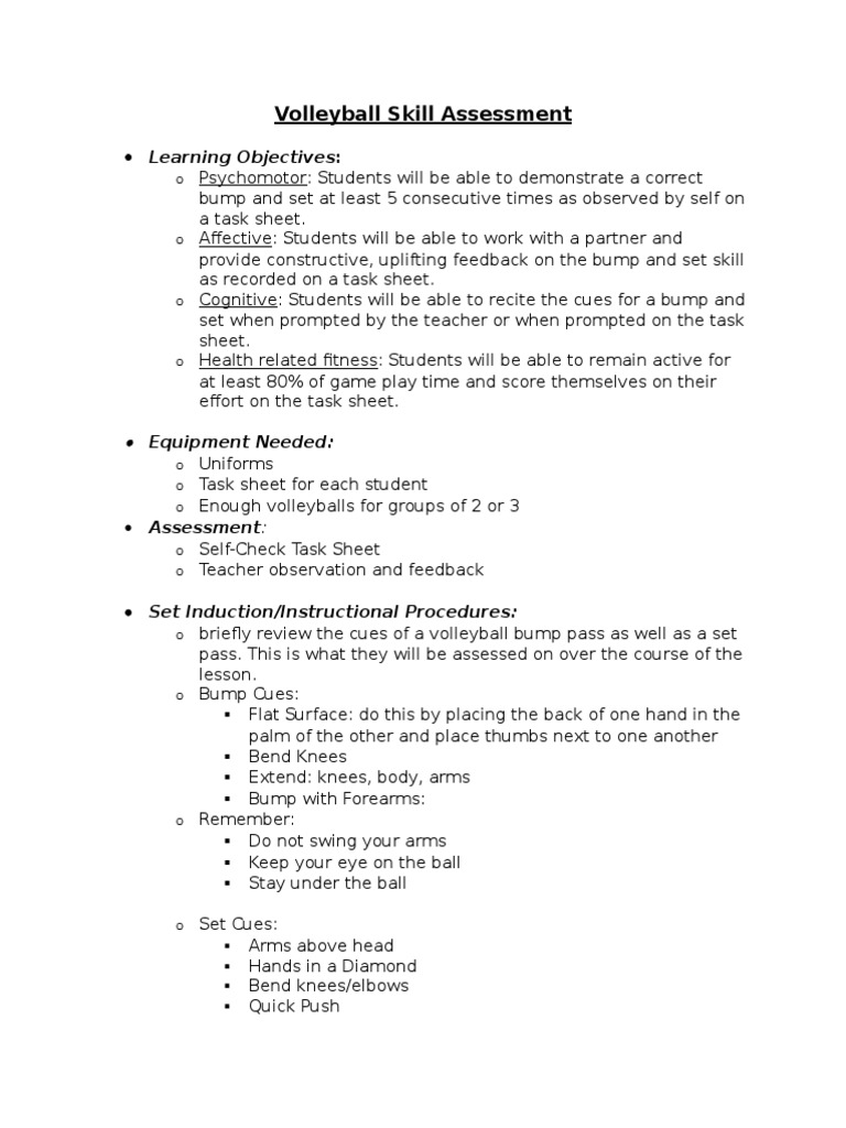 Volleyball Skill Assessment Learning Objectives PDF Hand Volleyball