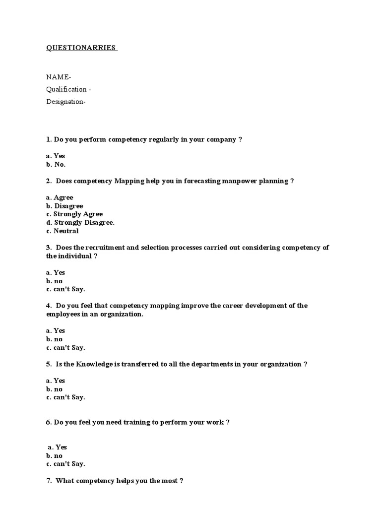 Competency Mapping Survey Questions | PDF | Recruitment ...