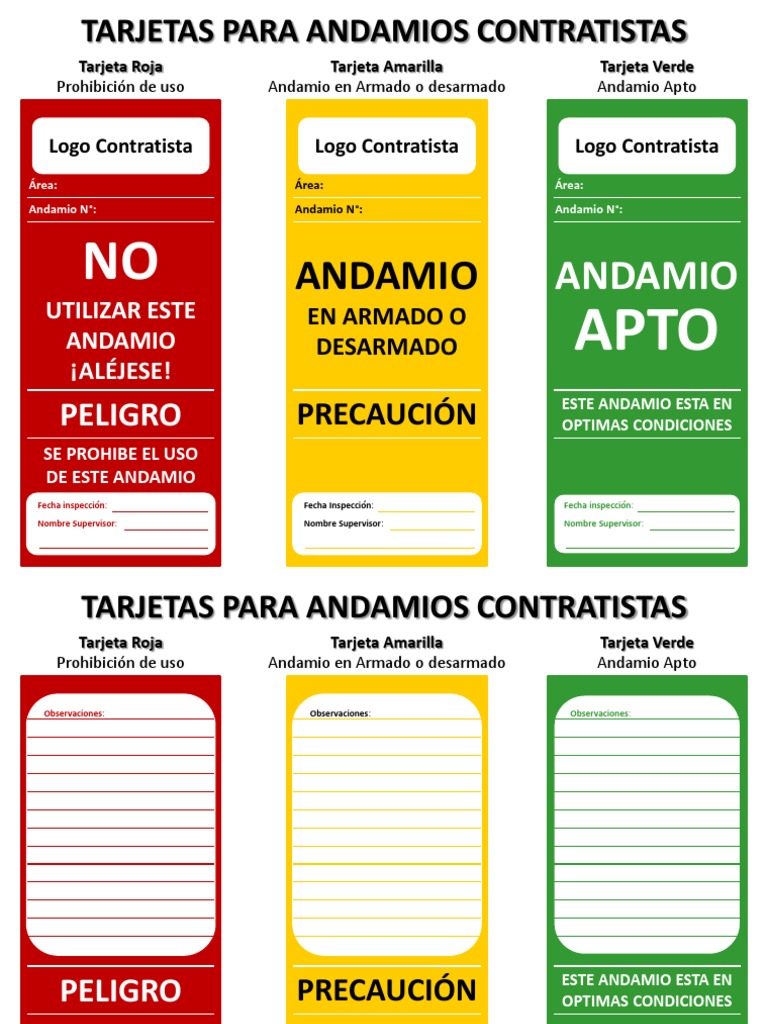 49.- Tarjetas Para Andamios Contratistas
