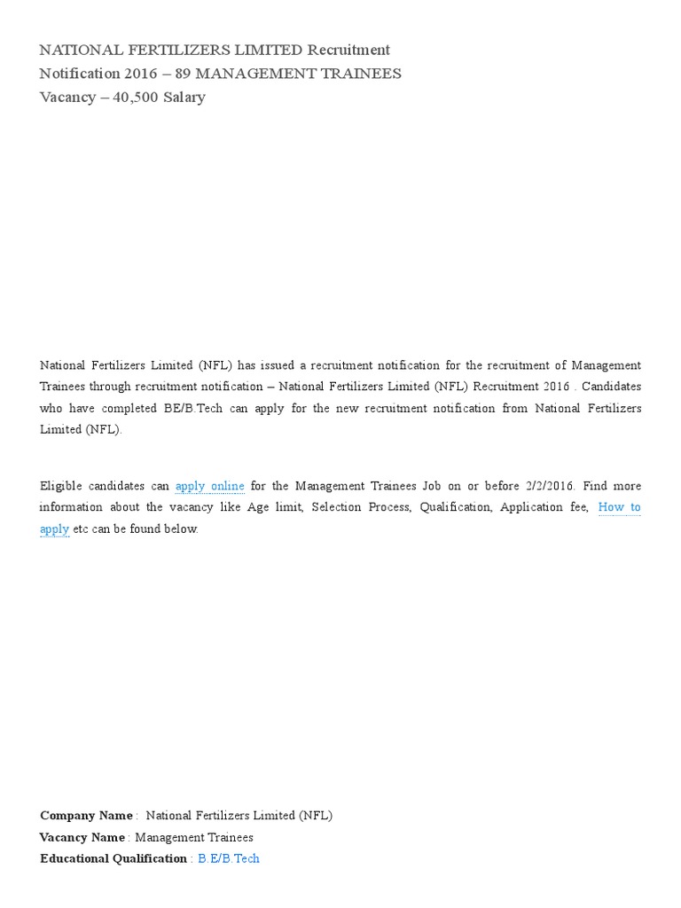 National Fertilizers Limited Recruitment Notification 2016 89