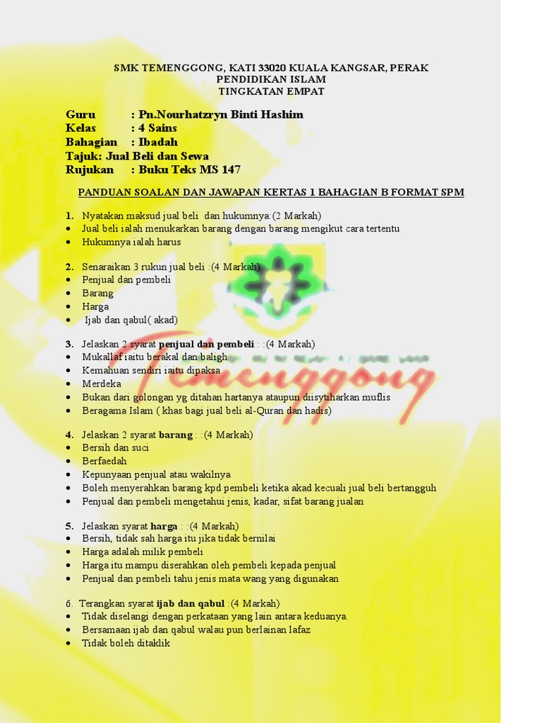 Panduan Soalan Dan Jawapan Tajuk Jual Beli Pdf