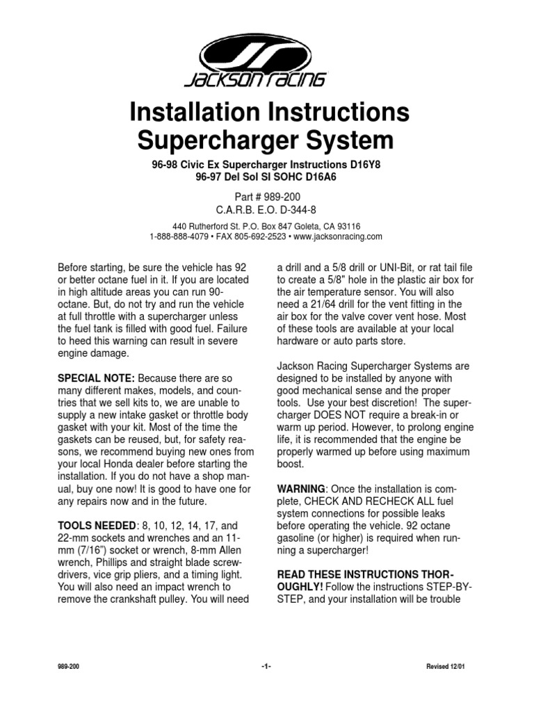d16 Jackson Racing Supercharger PDF | PDF | Throttle | Turbocharger