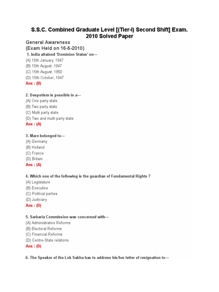 SSC CGL 2010 Tier-I Exam Solved Paper | PDF | Economics | Nature