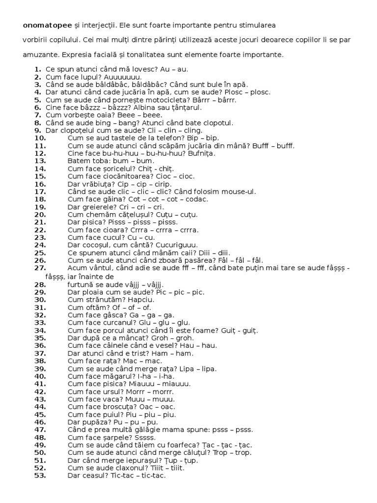 Onomatopee Și Interjecții | PDF