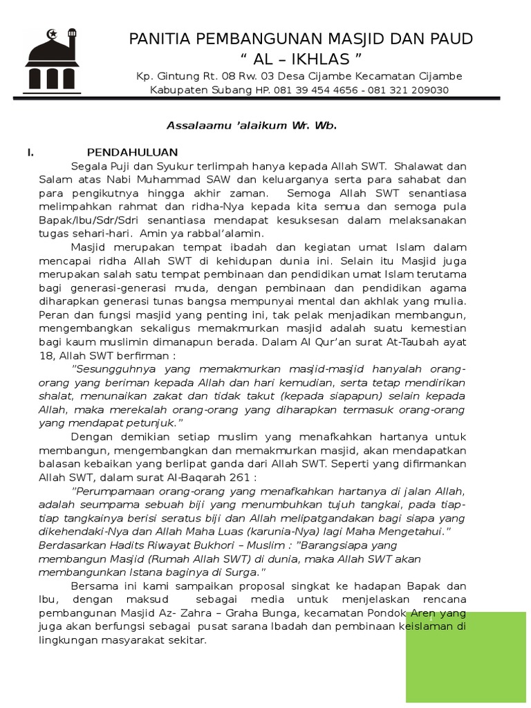 Proposal Pembangunan Masjid Al-Ikhlas | PDF | Agama & Spiritualitas