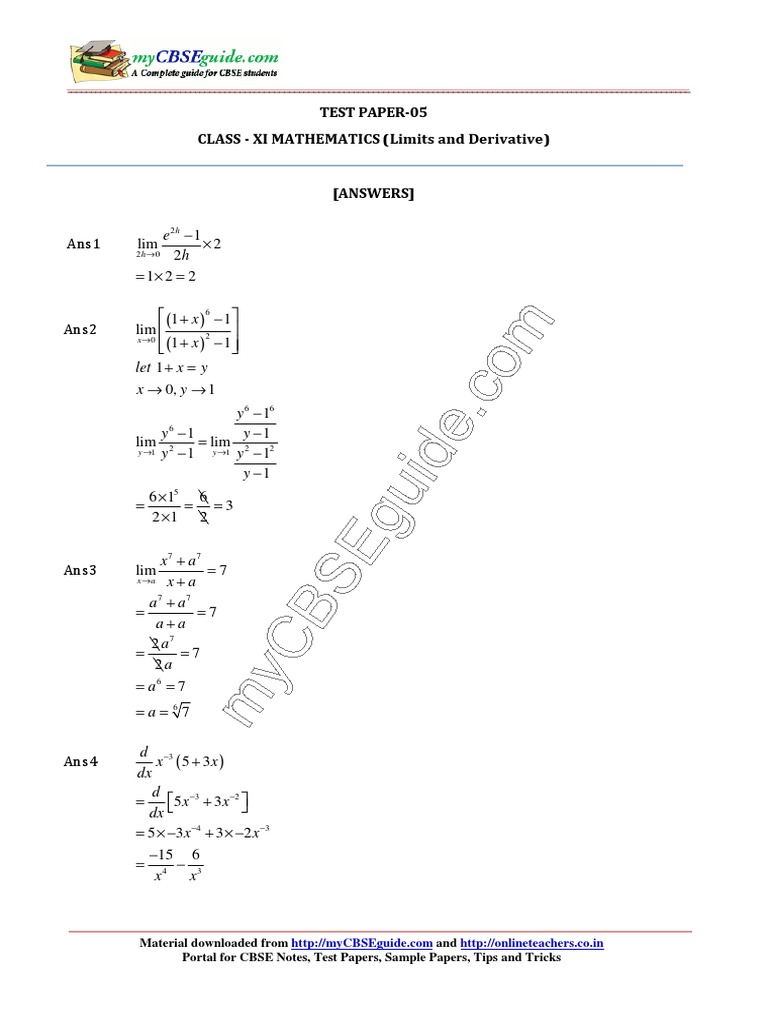 Test Paper-05 CLASS - XI MATHEMATICS (Limits and Derivative) | PDF ...