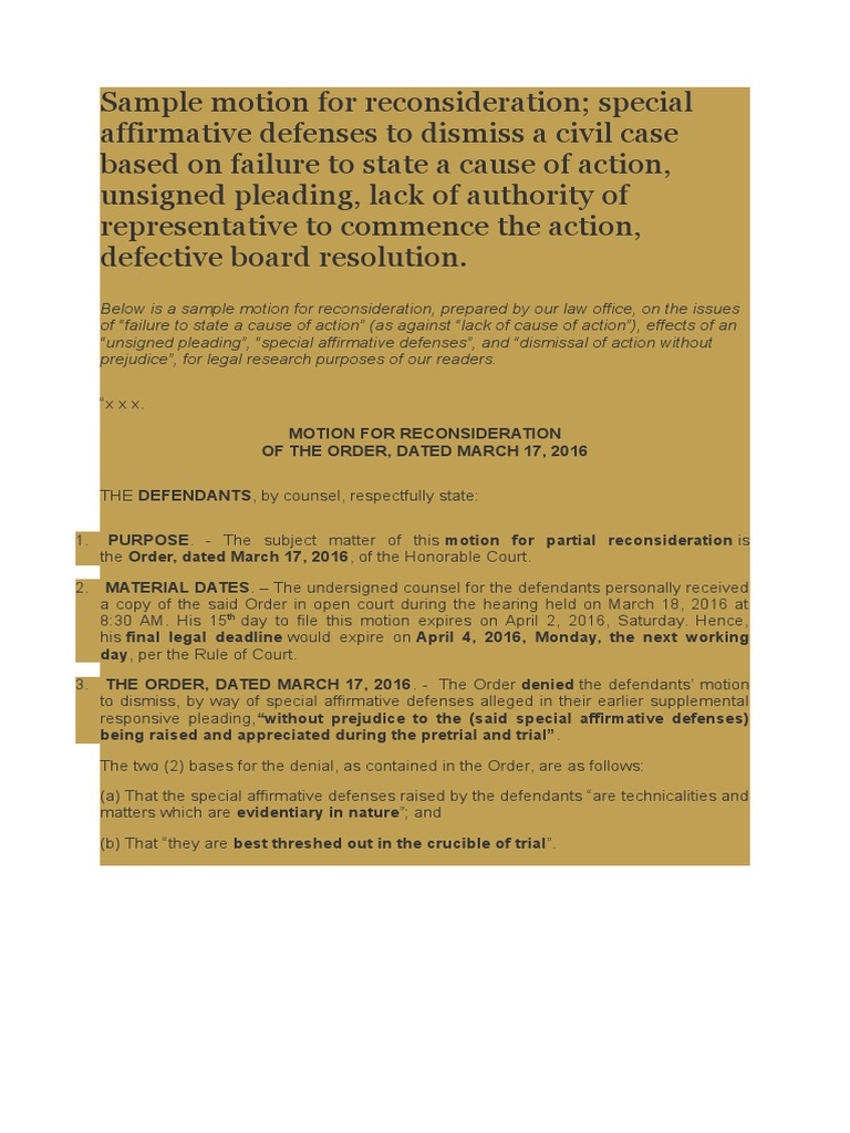 Motion for Reconsideration Sample | PDF | Demurrer | Pleading