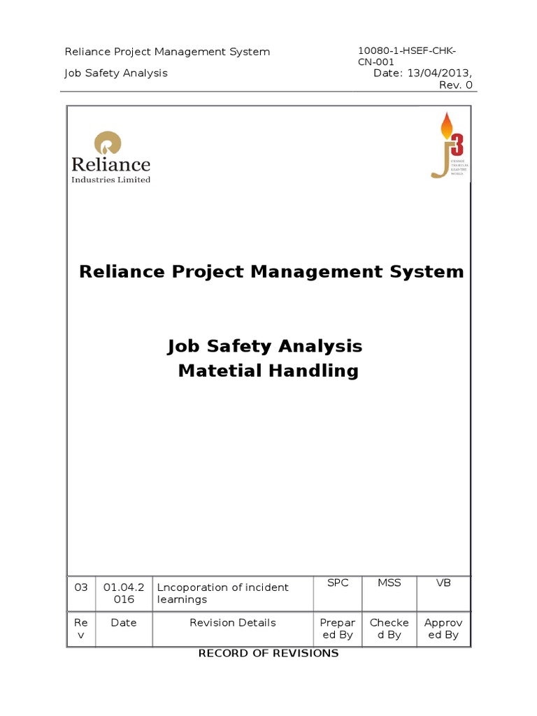 JSA Material Handling PDF Crane (Machine) Risk