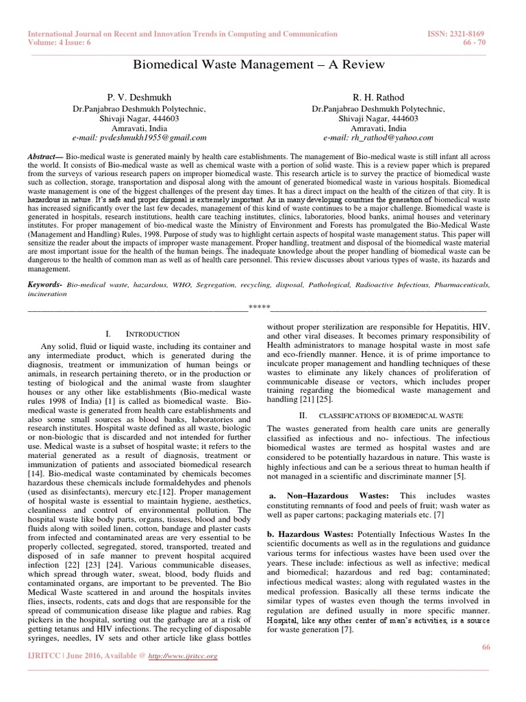 Biomedical Waste Management A Review PDF Waste Management Infection