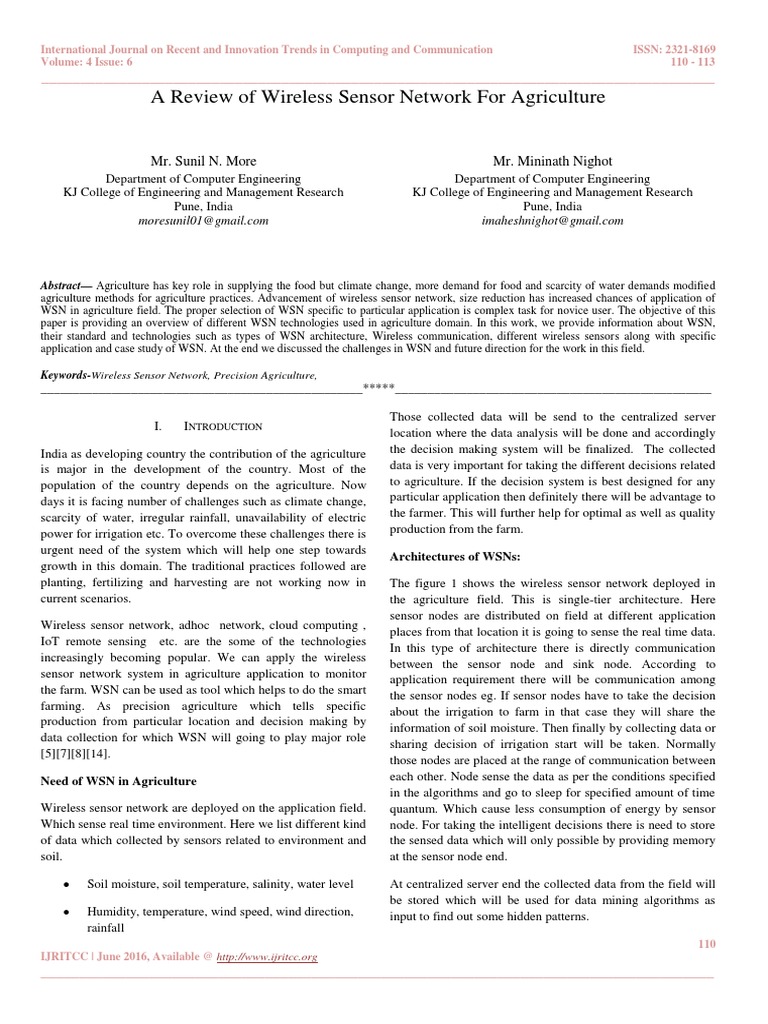 Wireless Sensor Networks in Agriculture | PDF